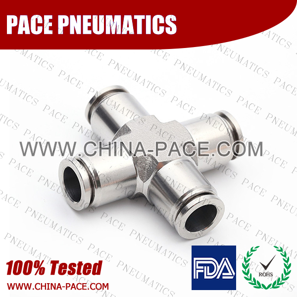 Union Cross Stainless Steel Push-In Fittings, 316 stainless steel push to connect fittings, Air Fittings, one touch tube fittings, all metal push in fittings, Push to Connect Fittings, Pneumatic Fittings